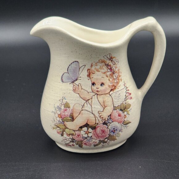 Arnel's Ceramic Creamer Speckled Baby Angle Butterfly Flowers Vintage - Picture 1 of 10